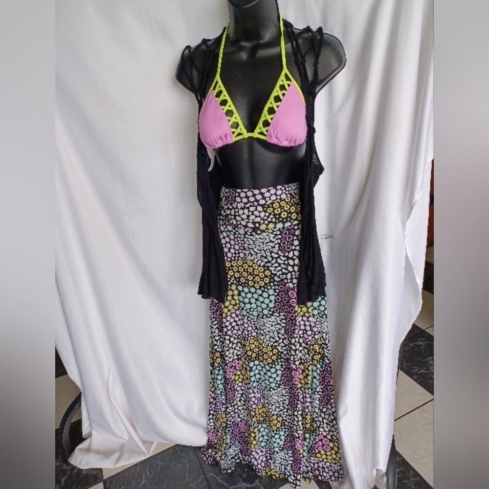 Festival Vibes, Bohemian, 3 Pc Set W/ Bikini Top, Multicolor Maxi Skirt, & Vest